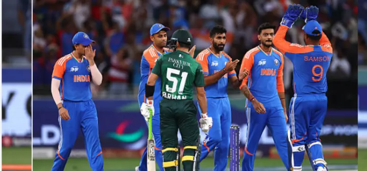 India vs Pakistan Asia Cup. The image shows players celebrating after a wicket fall..