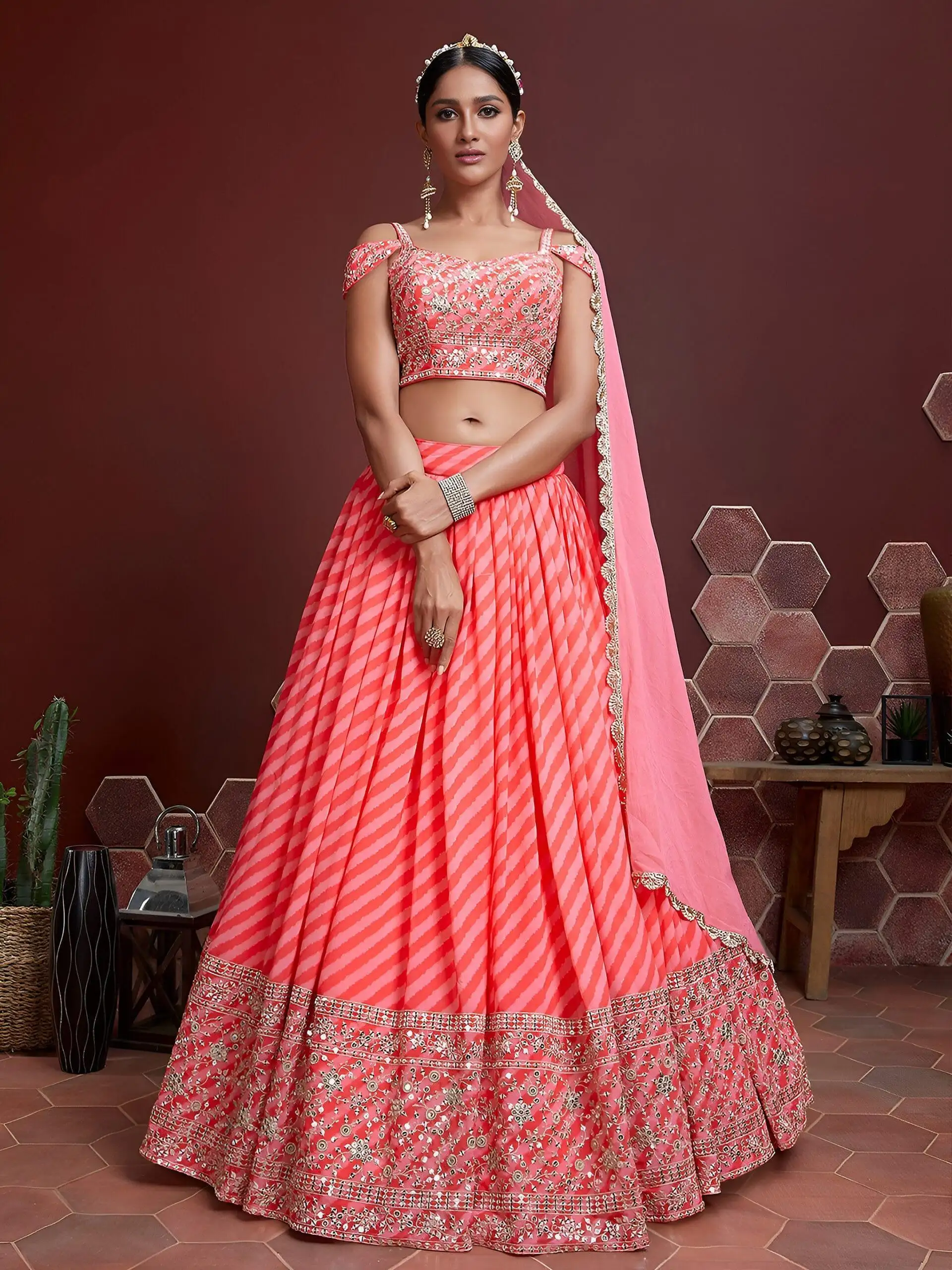 Peach Organza Silk Lehenga