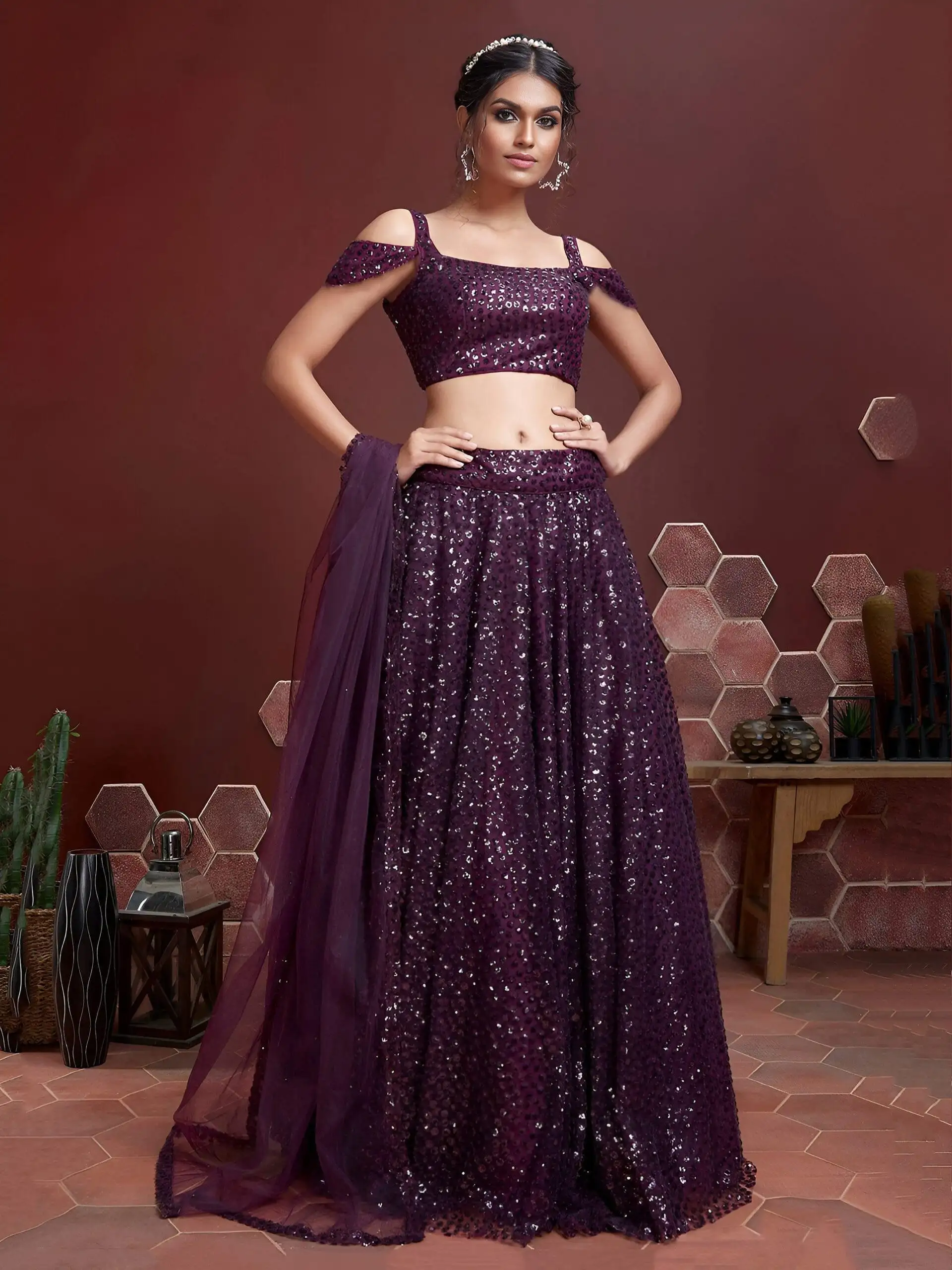 Purple Heavy Net Lehenga