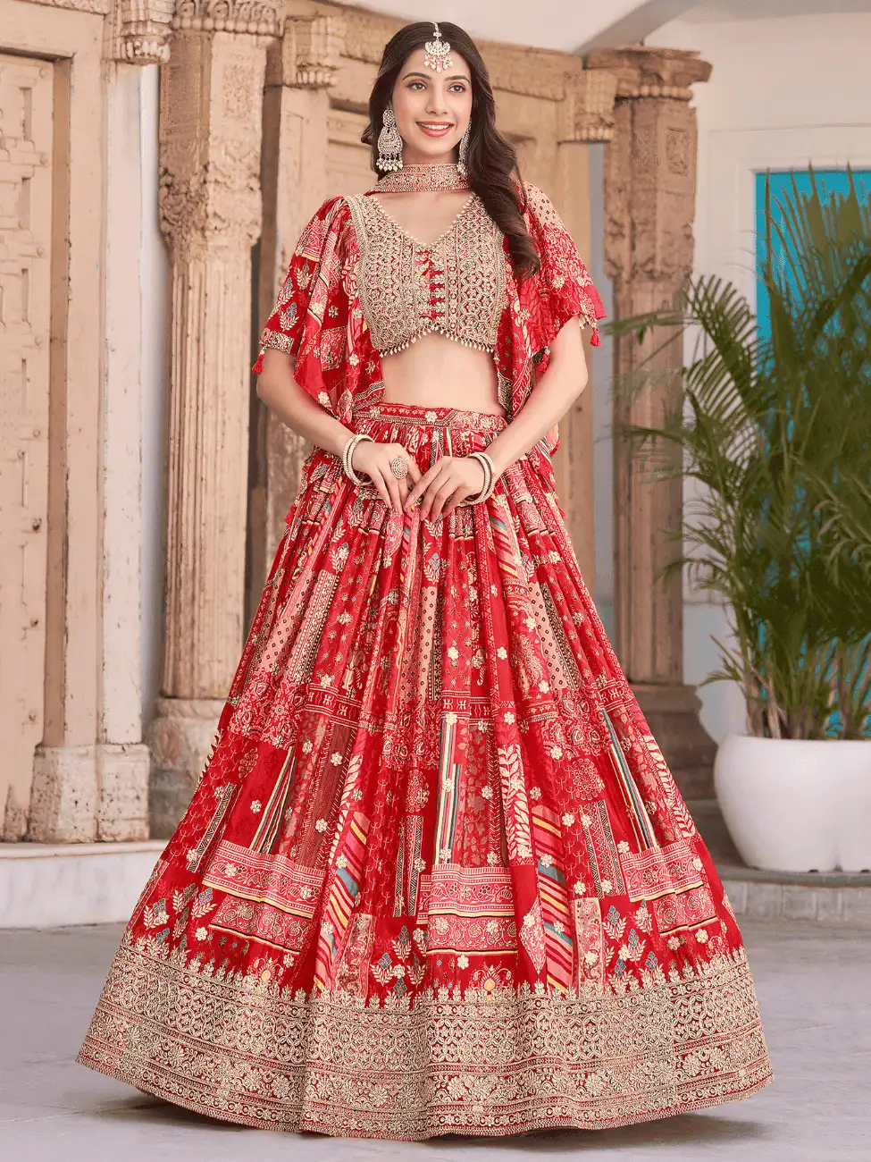 Red Chinnon Silk Lehenga