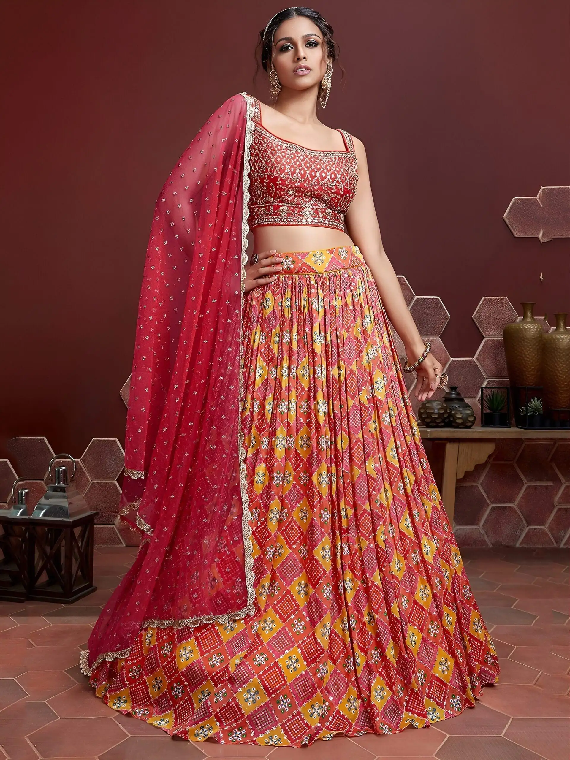 Red Pure Chinnon Silk Lehenga