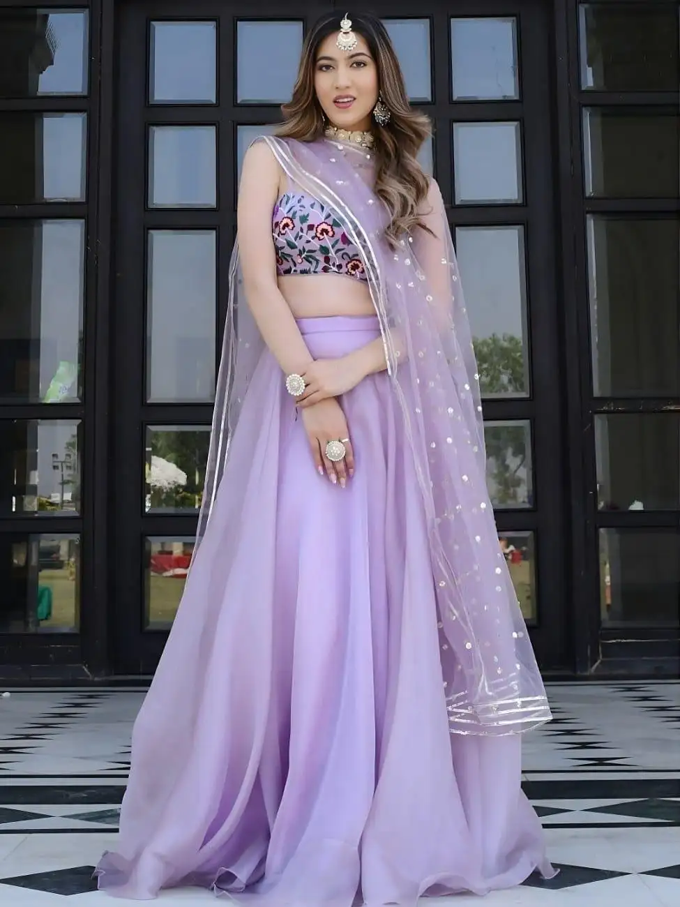 Lavender Organza Net Lehenga