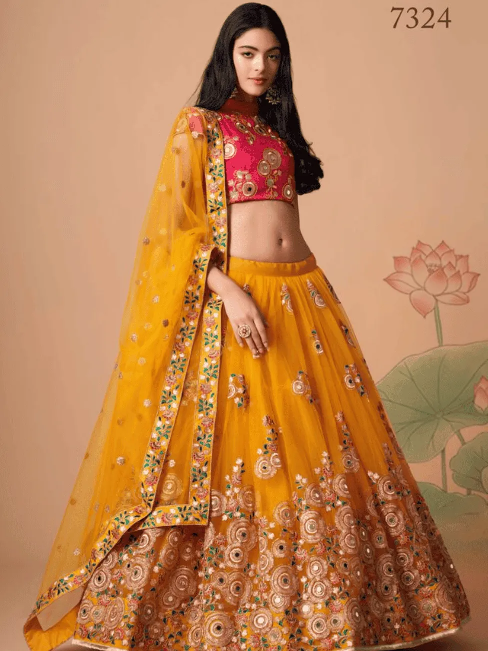 yellow Soft Net Lehenga