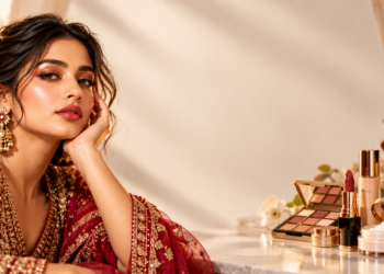 Festive 2026 beauty look with glowing skin, soft shimmer eyes, bold lips, and radiant blush — perfect for weddings and celebrations.