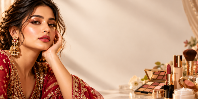 Festive 2026 beauty look with glowing skin, soft shimmer eyes, bold lips, and radiant blush — perfect for weddings and celebrations.